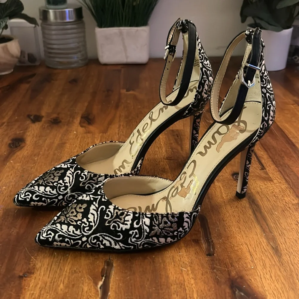 Sam Edelman Black and White Brocade Pointed-Toe Ankle-Strap Heels